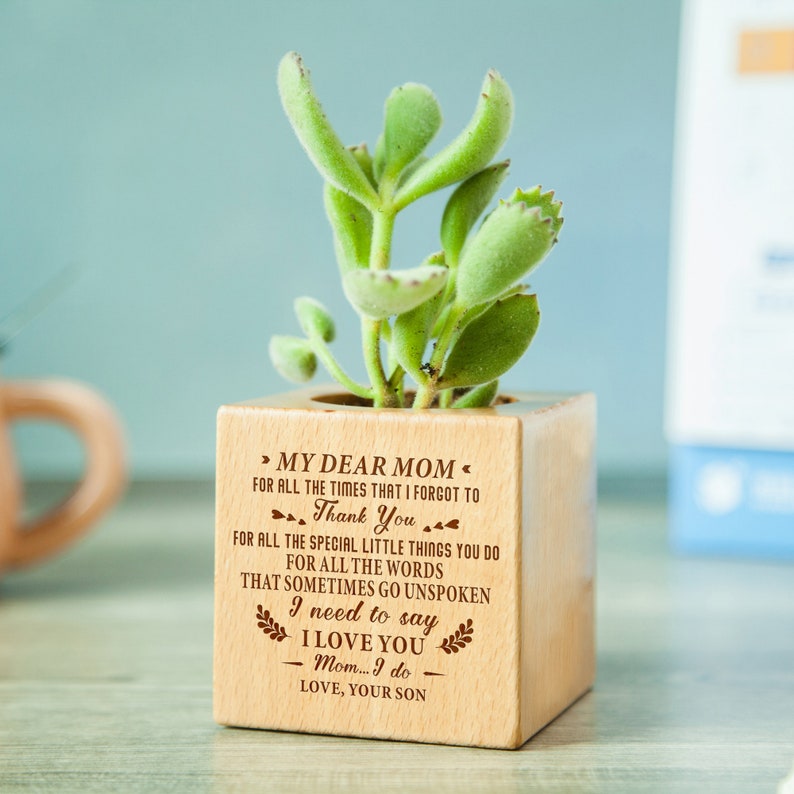 My Dear Mom from Love Son Wooden Engraved Flower Pot Anniversary Birthday Mothers Day Gift Plant Lover Planter Holder Container