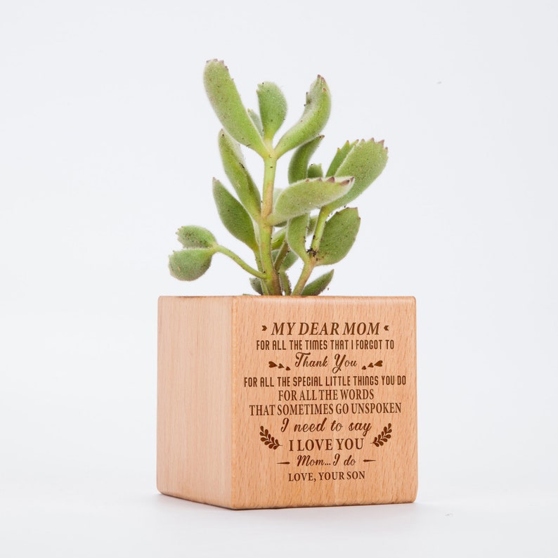 My Dear Mom from Love Son Wooden Engraved Flower Pot Anniversary Birthday Mothers Day Gift Plant Lover Planter Holder Container