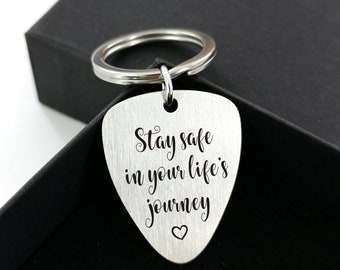 Stay Safe Personalized Engraved Guitar Pick Keychain for Husband Boyfriend Daughter Mom Dad Wife Custom Gift Music Anniversary Birthday