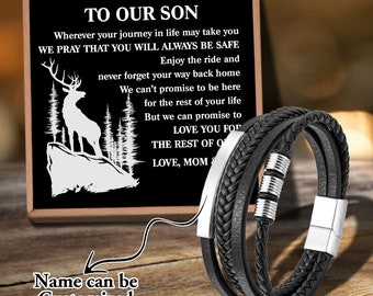 To Our Son Wherever Your Love From Mom Dad Customizable Message Card Black Woven Bracelet for Birthday Anniversary Holiday Gift Graduation