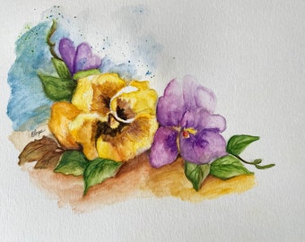 pansies painting/watercolor pencils/floral art/ pansies/home decor/8 x 10/flowers/yellow and purple flowers/wall decor