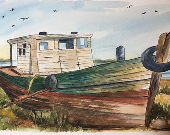 Old fishing boat watercolor and ink/boat watercolor/boat painting/8 x 10 watercolor/Watercolor and ink/old boat/fishing boat painting