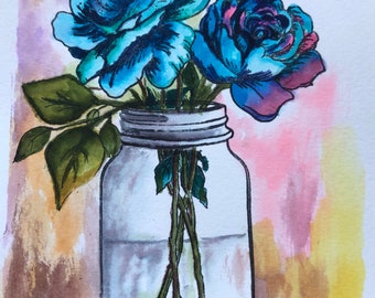 Blue flowers watercolor painting/floral watercolor/5 x 7 painting/Watercolor painting/flowers in jar/blue flowers