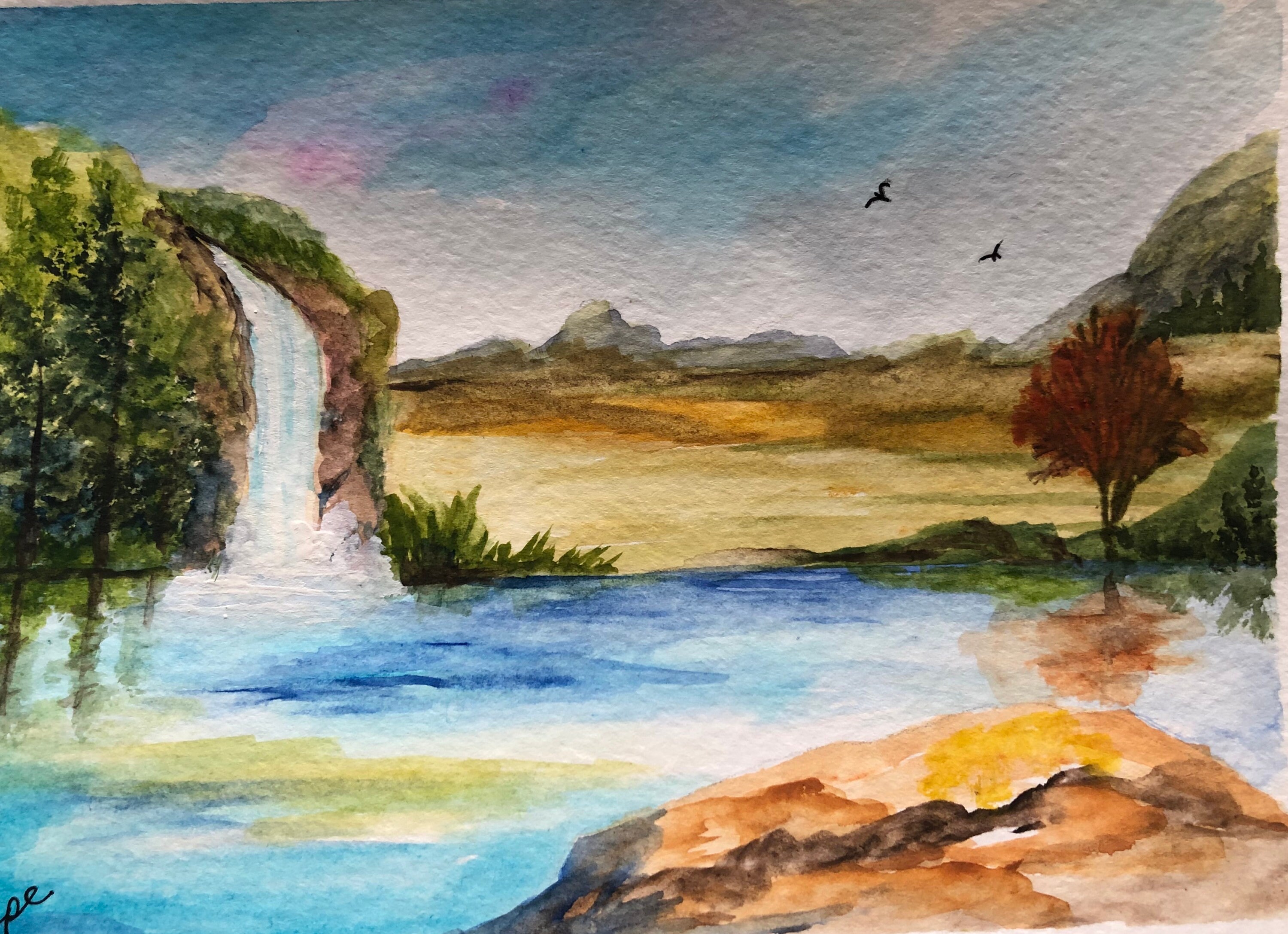 Waterfall Watercolor Painting/gouache Waterfall Painting/5 X Etsy