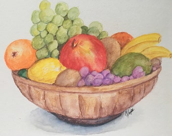 Fruit bowl watercolor painting/Fruit watercolor/Watercolor pencils/8 x 10 painting/Watercolor painting/Watercolor crayons/Fruit painting