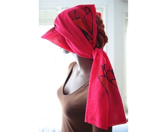 Zonsjaal 'Tulip' fuchsia dyed cotton voile silk screen print design pattern sun hat shawl sun visor outdoorlife festival beach walks nature