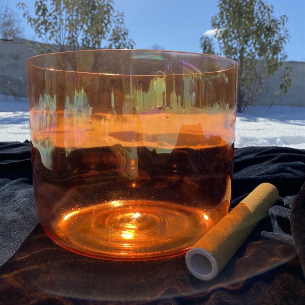 Crystal singing bowl any one of 3rd octave perfect musical note D note cosmic orange color in 432hz for sound healing