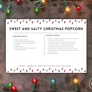 Plantilla de tarjeta de receta personalizable con luces navideñas minimalistas - Tarjeta de receta digital de descarga de 4 x 6" - Tarjeta de receta editable - Tarjeta navideña Canva
