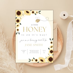 Plantilla de invitación para baby shower con diseño de abeja amarilla - Descargas digitales instantáneas - Invitación imprimible - Tarjeta de invitación personalizable