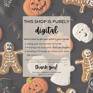 May include: A collection of Halloween-themed cookies, including pumpkins, bats, ghosts, and skeletons, arranged on a dark gray surface. The image includes text that reads "THIS SHOP IS PURELY digital" and "thank you!"