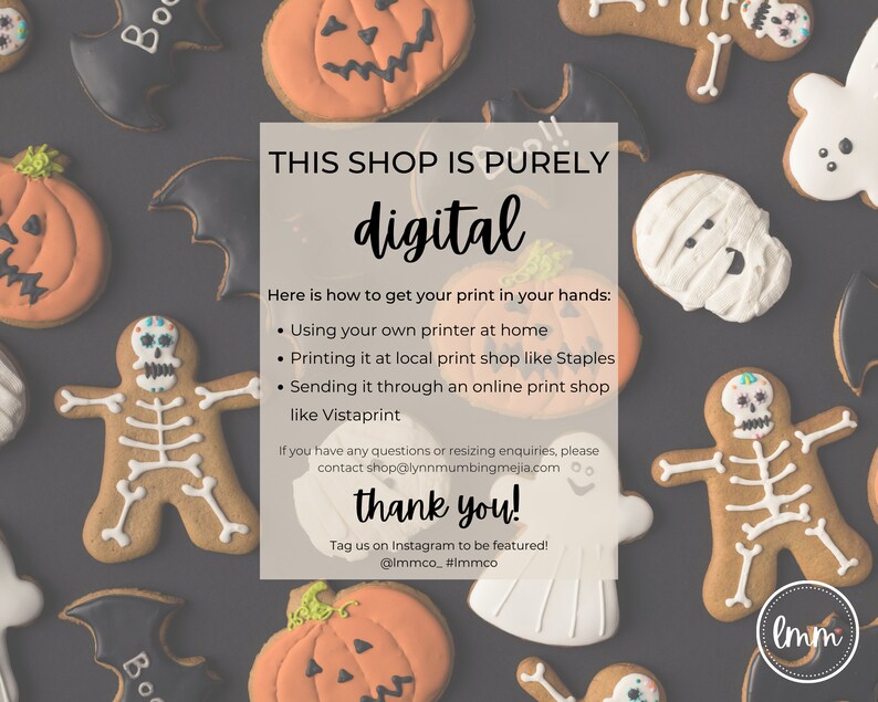 May include: A collection of Halloween-themed cookies, including pumpkins, bats, ghosts, and skeletons, arranged on a dark gray surface. The image includes text that reads "THIS SHOP IS PURELY digital" and "thank you!"