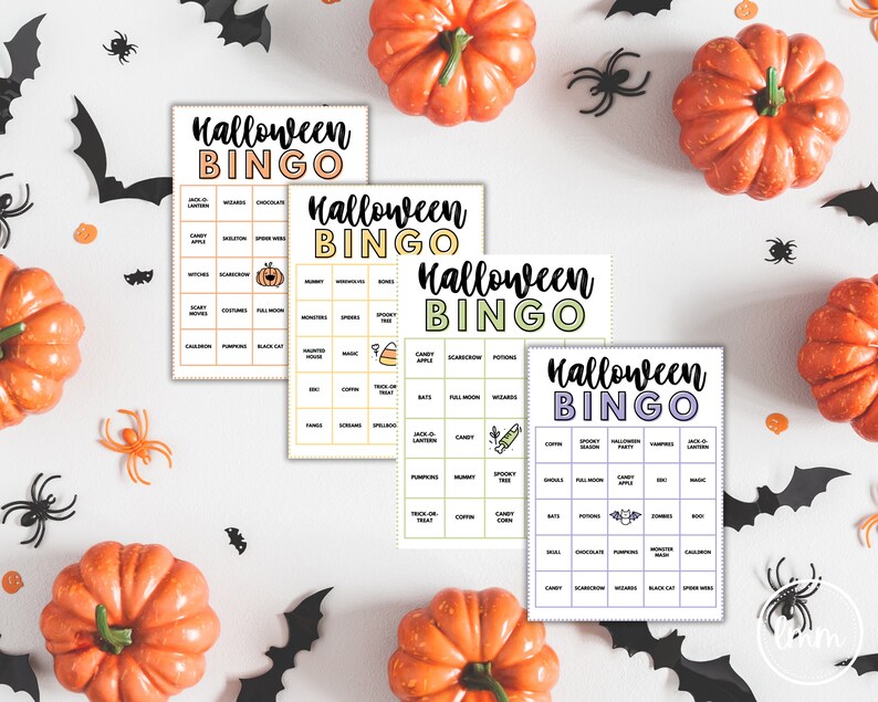 May include: Four Halloween Bingo cards with different color schemes, featuring words like "Jack-O-Lantern" and "Candy Apple." The cards are surrounded by orange pumpkins, black bats, and spiders, creating a festive holiday theme.