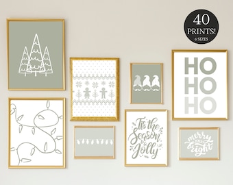 Sage Green Christmas Wall Art Prints – Set of 40 (Digital Download)