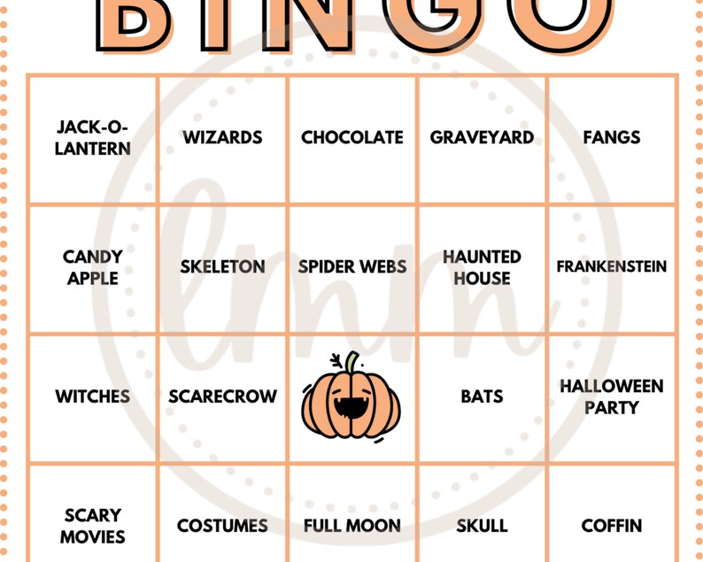 May include: A Halloween-themed bingo card with a peach-colored background and orange text. The bingo card features Halloween-related words and images, including a jack-o'-lantern, witches, and bats. The word "BINGO" is at the top.