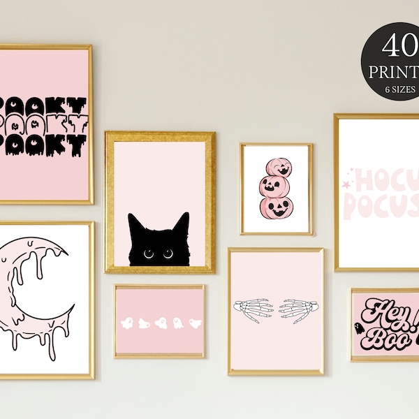 Cute Pastel Pink Halloween Graphics - 40 Prints - Halloween Wall Art - Halloween Wall Decor - Instant Download - Printable - Digital Art