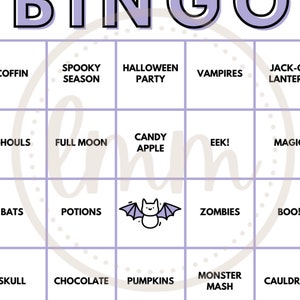 May include: A Halloween-themed bingo card with a purple border and grid. The word "BINGO" is at the top. The squares contain Halloween-related words and images, including "COFFIN," "ZOMBIES," and a bat illustration.