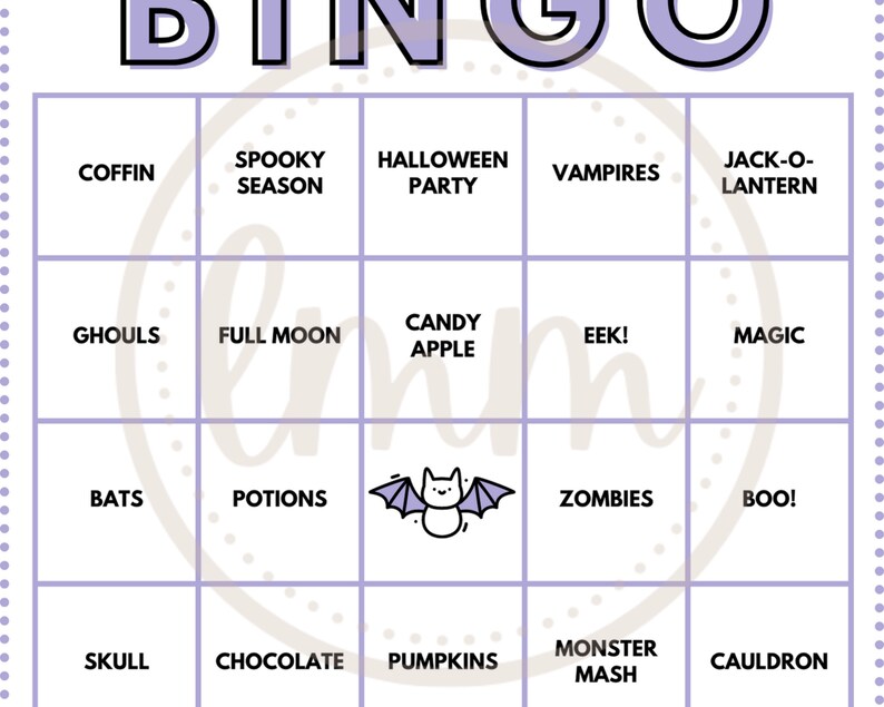 May include: A Halloween-themed bingo card with a purple border and grid. The word "BINGO" is at the top. The squares contain Halloween-related words and images, including "COFFIN," "ZOMBIES," and a bat illustration.