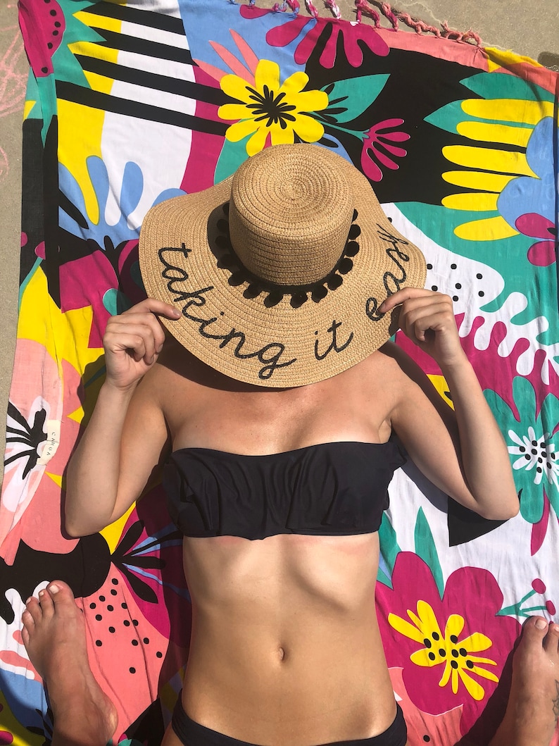 Personalized custom sun floppy straw beach hat pom hand-painted Mrs wedding honeymoon bachelorette party