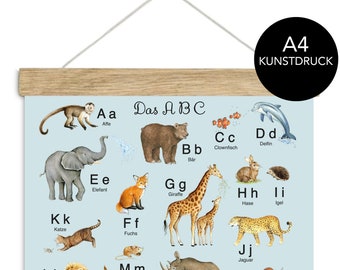 ABC Poster BLAU  DIN A4 ungerahmt / gerahmt Lernposter Tiere Alphabet Kinderzimmer Tierposter Zoo Afrika Kindergarten Waldtiere Schulanfang