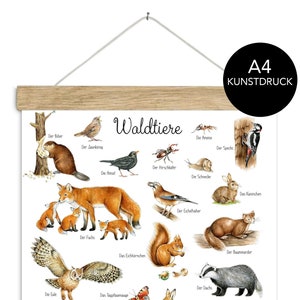 Din A4 Kunstdruck ungerahmt / gerahmt WALDTIERE AQUARELL WEIß • Waldkindergarten Poster Tiere Wald Kinderzimmer Babyzimmer