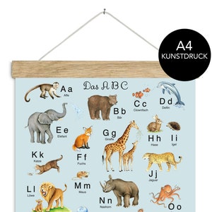 ABC Poster BLAU  DIN A4 ungerahmt / gerahmt Lernposter Tiere Alphabet Kinderzimmer Tierposter Zoo Afrika Kindergarten Waldtiere Schulanfang