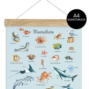 Din A4 Kunstdruck ungerahmt / gerahmt MEERESTIERE AQUARELL BLAU • Poster Kinderzimmer Babyzimmer