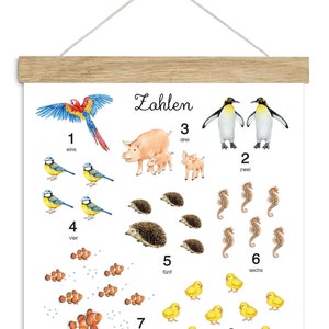 Zahlenposter Din A3 Kunstdruck ungerahmt / gerahmt ZAHLEN 1-10 AQUARELL WEIß Kinderzimmer Zählen Kindergarten 123 Poster Tiere Babyzimmer
