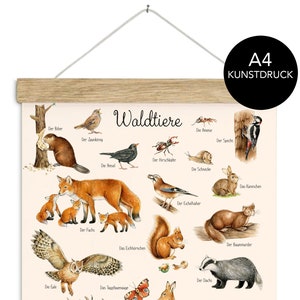 Din A4 Kunstdruck ungerahmt / gerahmt WALDTIERE AQUARELL BEIGE • Waldkindergarten Poster Tiere Wald Kinderzimmer Babyzimmer