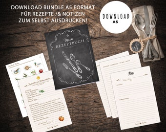 MEIN REZEPTBUCH Download PDF Datei Rezept-Vorlage zum selbst ausdrucken Besteck Kreidetafel Look, Digital File, Lieblingsrezepte notieren