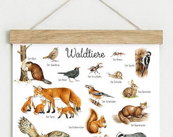 Din A3 Kunstdruck ungerahmt / gerahmt WALDTIERE AQUARELL WEIß • Waldkindergarten Poster Tiere Wald Kinderzimmer Wartezimmer Babyzimmer