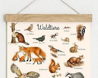 Din A3 Kunstdruck ungerahmt / gerahmt  WALDTIERE AQUARELL BEIGE • Waldkindergarten Poster Tiere Wald Kinderzimmer Babyzimmer