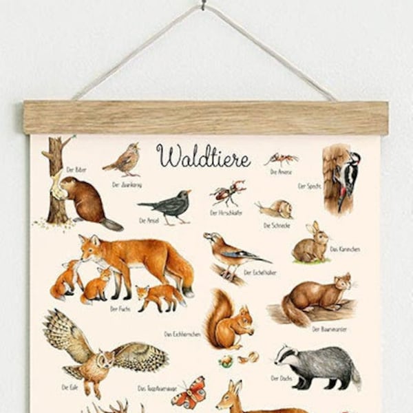 Din A3 Kunstdruck ungerahmt / gerahmt  WALDTIERE AQUARELL BEIGE • Waldkindergarten Poster Tiere Wald Kinderzimmer Babyzimmer