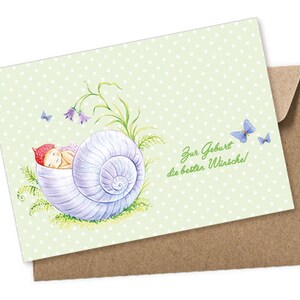 Baby Schneckenhaus Postkarte zur Bekanntgabe einer Geburt als Geschenk, Babykarte A6 mit Umschlag