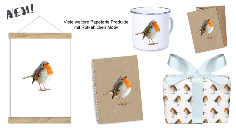 Pu&ograve; includere: Un set di prodotti di cartoleria con un'illustrazione di pettirosso. Il set include una tazza, un quaderno, carta da regalo e un biglietto d'auguri. I prodotti sono tutti marroni e bianchi con un'illustrazione di pettirosso.