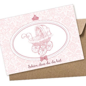 Baby Postkarte zur Bekanntgabe einer Geburt als Geschenk, Babykarte A6 mit Umschlag Motiv: KINDERWAGEN • Mit partieller Lack