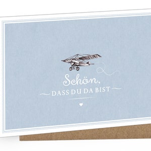 Baby Grußkarte karte zur Bekanntgabe einer Geburt als Geschenk, Babykarte A6 mit Umschlag Motiv:  FLIEGER Blau