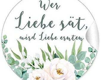 24 Geschenkaufkleber zur Hochzeit "Wer Liebe sät, wird Liebe ernten" Boho grün weiß Blütensamen Sticker DIY Tüten, Samen