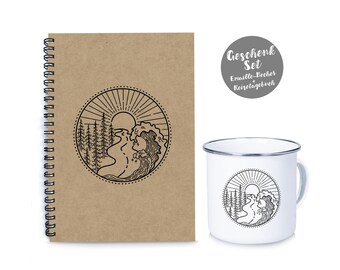 Gift set: travel diary + enamel cup mug VANLIFE black brown sun sea wave forest DIY diary, photo book, notes, trip