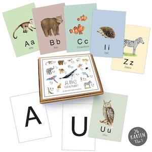 26 ABC Alphabet Karten Lernkarten Buchstaben Lernspiel Safari Zootiere Waldtiere Tiere • A6 Karten