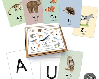 26 ABC Alphabet Karten Lernkarten Buchstaben Lernspiel Safari Zootiere Waldtiere Tiere • A6 Karten