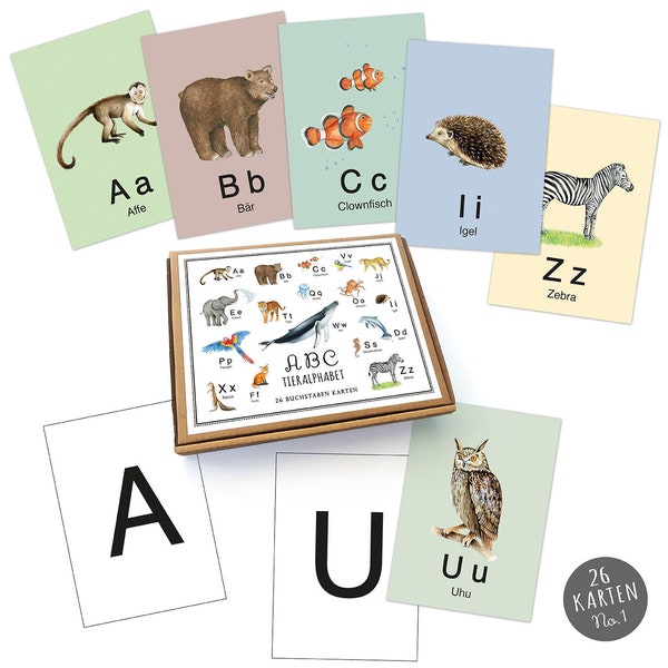 26 ABC Alphabet Karten Lernkarten Buchstaben Lernspiel Safari Zootiere Waldtiere Tiere • A6 Karten