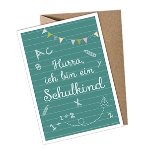 Postkarte + Umschlag Hurra, ich bin ein Schulkind GRÜN Glückwunschkarte zum Schulanfang Schulkind