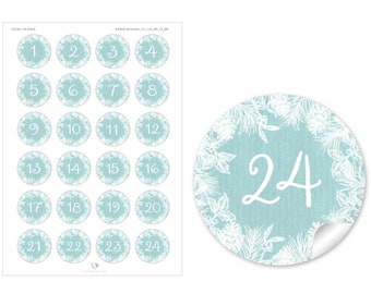 Weihnachtsaufkleber Adventskalenderzahlen zur Weihnachtsdekoration von Geschenken und Adventskalener 24 Sticker Motiv: Tannenzapfen Hellblau
