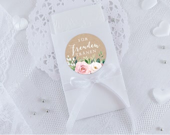 TÜTEN SET 24 Aufkleber + 24 Flachbeutel Taschentuch Verpackung Freudentränen Kraftpapier Look Zweige Rosen rosa weiß Hochzeit Gastgeschenk