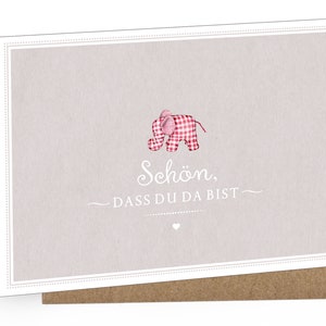 Baby Grußkarte karte zur Bekanntgabe einer Geburt als Geschenk, Babykarte A6 mit Umschlag Motiv:  Elefant Karo Beige