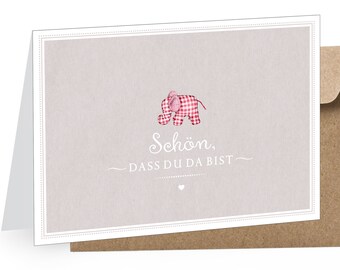 Baby Grußkarte karte zur Bekanntgabe einer Geburt als Geschenk, Babykarte A6 mit Umschlag Motiv:  Elefant Karo Beige