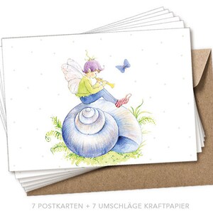 Postkarten Set zum Geburtstag als Glückwunschkarte oder Einladungskarte 6er Set mit Umschlag Motiv: Elfe auf Schnecke