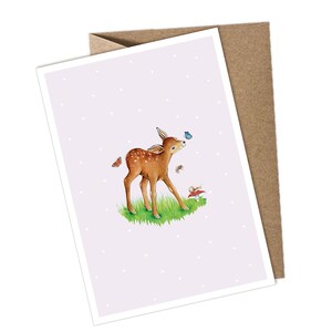 Postkarte + Umschlag REH ROSA Einladungskarte Glückwunschkarte zum Kindergeburtstag Schulanfang Schulkind