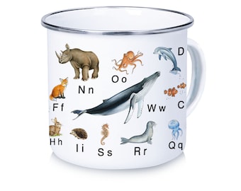 Emaille Tasse Kaffee Becher ABC Tier Alphabet zum Schulanfang für die Schultüte Campingtasse Weihnachtsgeschenk Vanlife Schulanfang Kinder