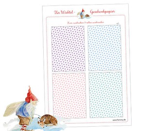 For the gnome door: 4 x mini gnomes Download template Christmas wrapping paper to print out yourself, cut out and make gifts